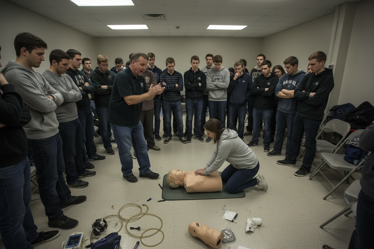 Un salón cerrado, con apenas un maniquíe grandes en el centro.
Veinte estudiantes esperando su turno, algunos observan sin participar.
El instructor camina entre los grupos, intentando explicar el ritmo con palmadas o contando en voz alta: “uno, dos, tres…”
El ambiente es lento, disperso y poco dinámico.
Cada práctica requiere limpiar, cargar o rearmar el maniquí.
El espacio se siente limitado: equipo pesado, transporte complicado, y pocos alumnos logran realmente practicar la compresión correcta.